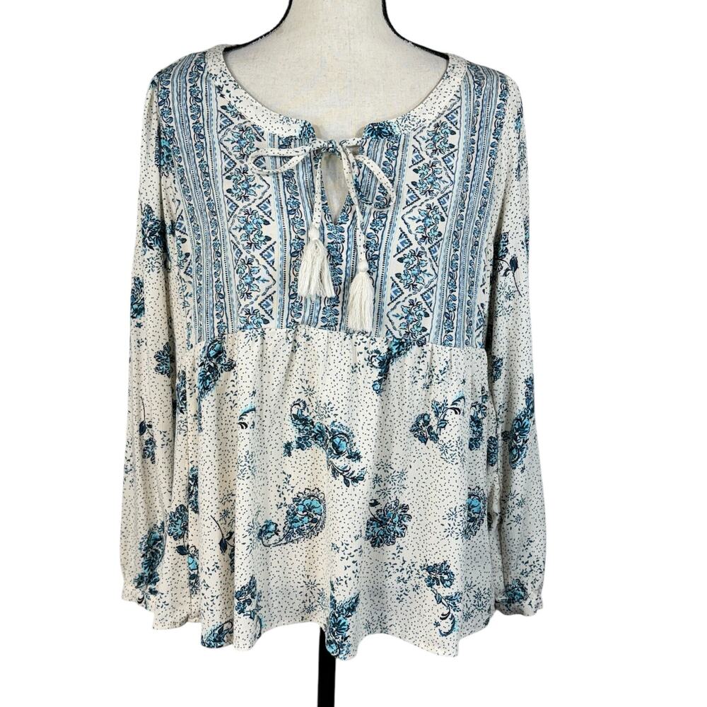 Torrid SZ 0 (Large) Babydoll Top Floral Long Balloon Sleeves Tasseled Keyhole
